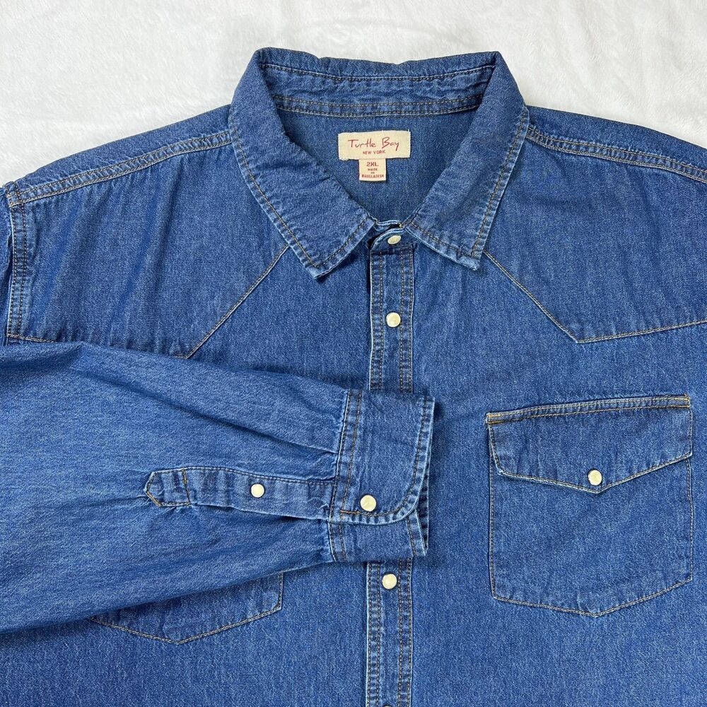 Turtle Bay Denim Western Pearl Snap Buttons Long Sleeve Shirt Pockets Mens 2XL